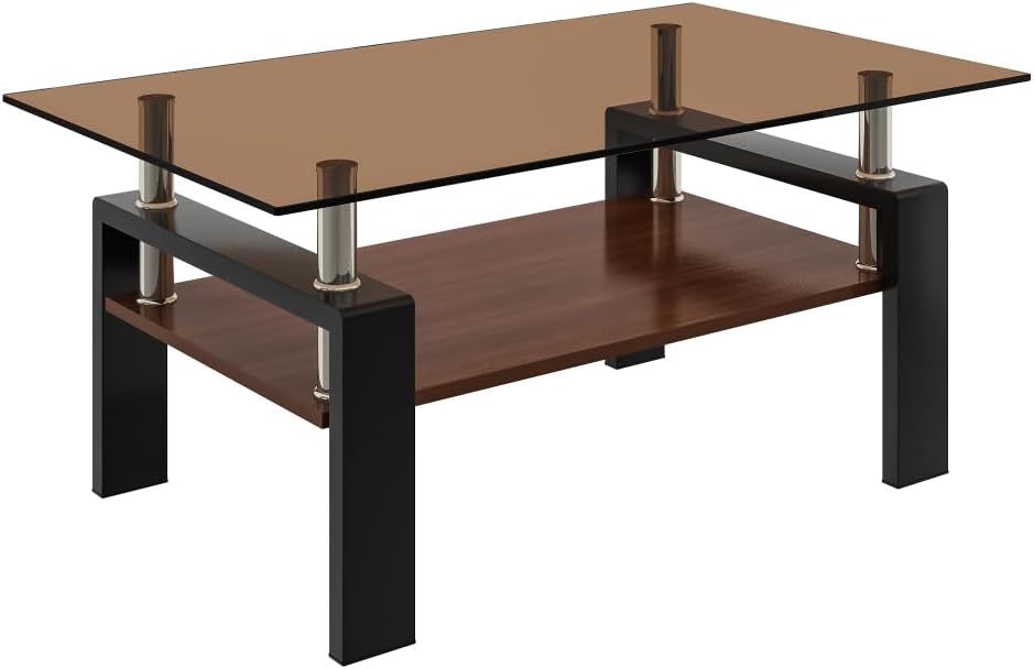 Rectangle Coffee Table, Tempered Glass Tabletop with MDF Layer, Modern Table ...