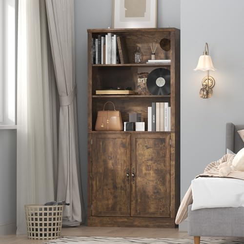Thacuok 72'' Tall Bookcase with Doors, Adjustable Shelves, P2 MDF Con...
