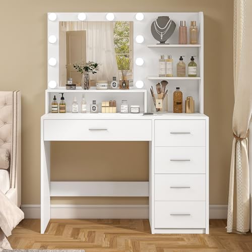 Quimoo Vanity Desk with Mirror & Lights, Makeup Vanity with 5 Drawers &am...