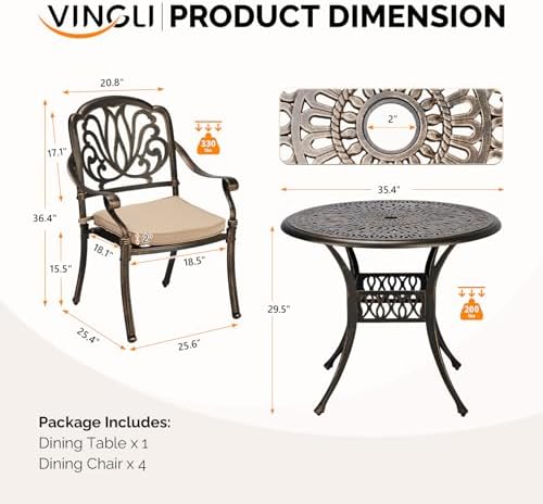 VINGLI 5-Piece Outdoor Patio Dining Set, Cast Aluminum All-Weather Outdoor Ta...