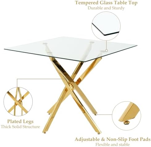 36 Inch Dining Table Set for 4, Modern Square Tempered Glass Top, Gold Finish...
