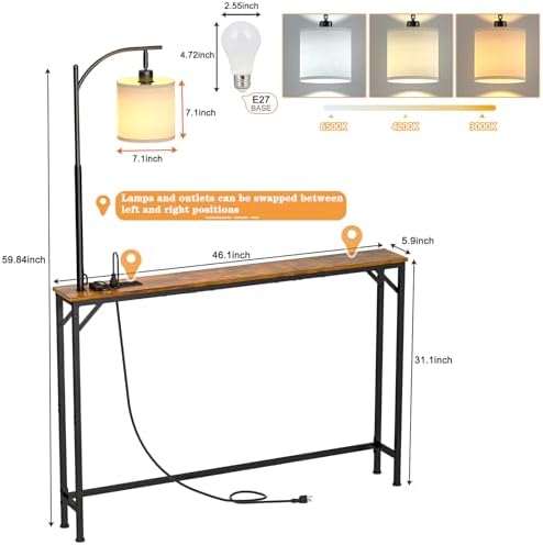 keomaisyto Skinny Sofa Table with Outlet & 3-Color Light, Console Table |...