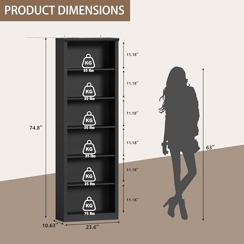 Thacuok 75" Tall Bookshelf Set of 2, 6 Tier Bookshelf with Adjustable Sh...