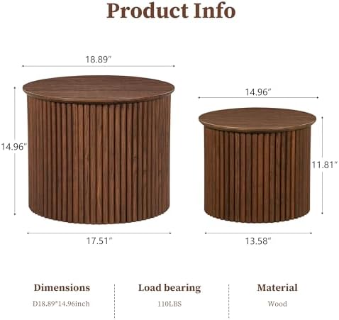 AVZEAR Round Nesting Coffee Table Set of 2, Small Fluted Coffee Table Circle ...