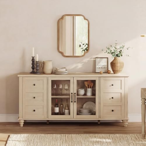 WAMPAT Sideboard Buffet Cabinet, Farmhouse Kitchen Storage Cabinet, Beige