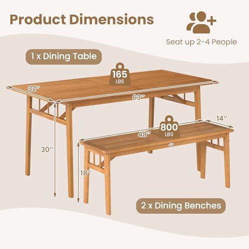 Tangkula 3 Pieces Patio Dining Set, Acacia Wood Space Saving Outdoor Rectangu...