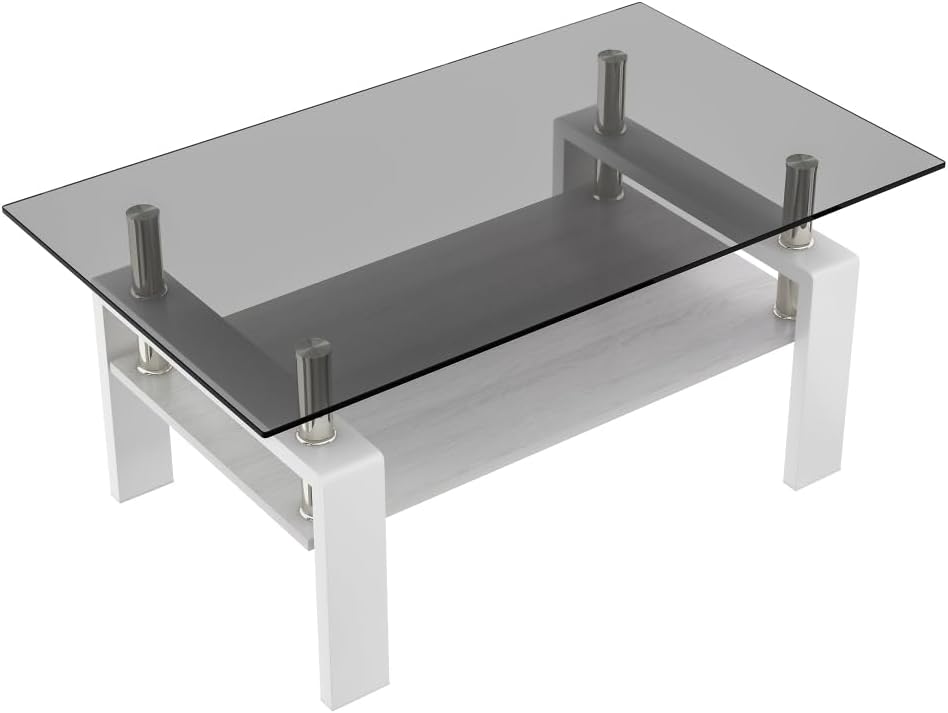 Rectangle Coffee Table, Tempered Glass Tabletop with MDF Layer, Modern Table ...