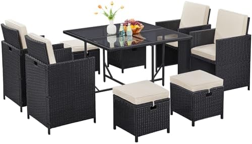 Yaheetech 9 Pcs Patio Dining Sets, Rattan Chairs w/Glass Table Black/Beige