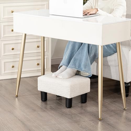 Adeco Boucle White Foot Stool with Legs, Small Footstool Ottoman, Fabric Seat...