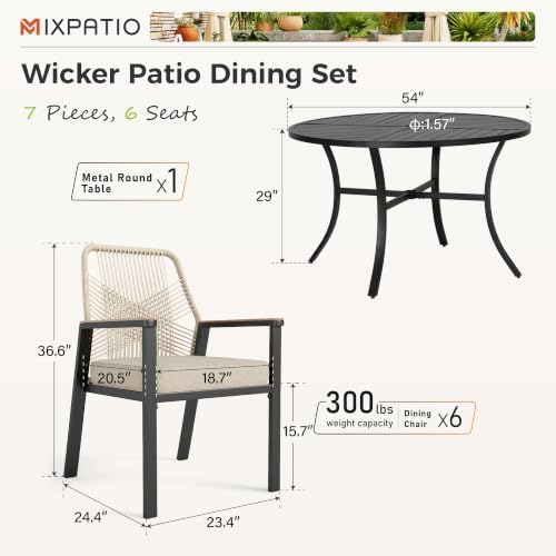 MIXPATIO 7pc Patio Dining Set, 54" Round Metal Table, 6 Rattan Chairs