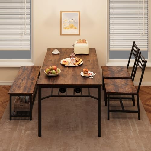 Garvee Dining Table Set for 4 with Bench and Chairs, 4-Piece Kitchen Table Se...