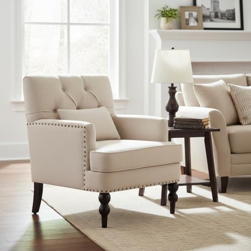 HUIMO Accent Chair, Tufted Upholstered Club Chair, Beige | Upholstered Fabric...
