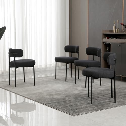 Black Dining Chairs Set of 4 Round Upholstered Boucle Dining Room Chairs Mid-...