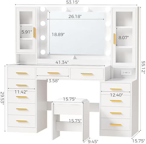 53.15" Large Glass Top Vanity Desk with Mirror and Lights, White