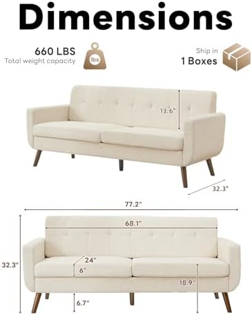 Tbfit 77.2" W Linen Sofa Couch, Mid Century Modern Decor Loveseat Couche...