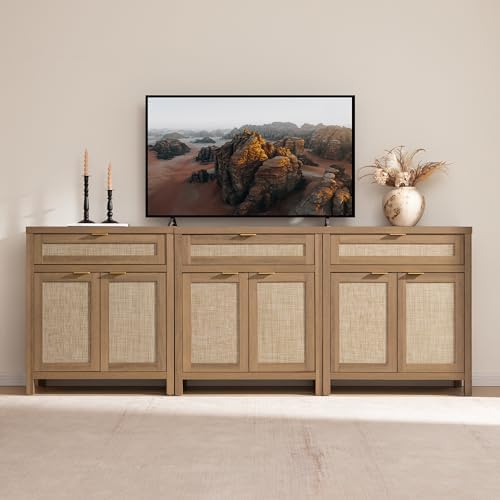 SICOTAS Sideboard Buffet Cabinet Set of 3, Rattan Credenza Storage Cabinet