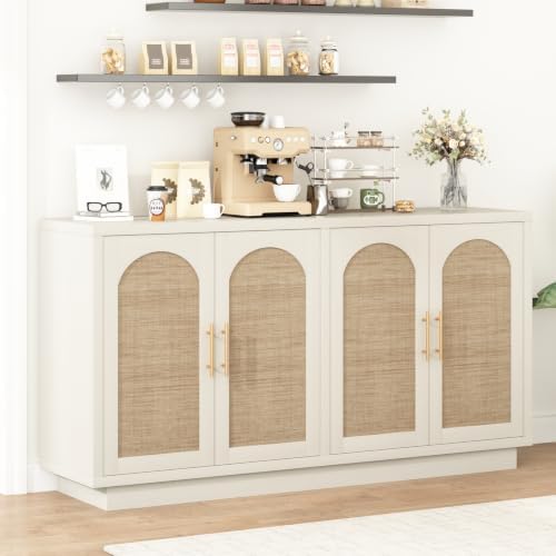 HOKYHOKY 59" Rattan Sideboard Buffet Cabinet with Storage, 4 Arched Doors