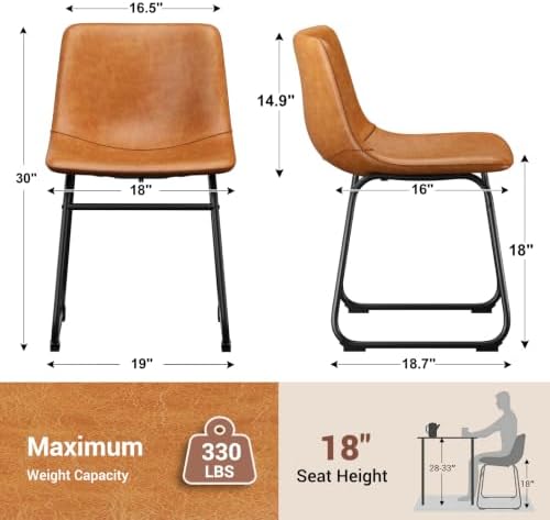 Dining Chairs Set of 6, 18in PU Leather Kitchen Chair with Metal Leg, Brown