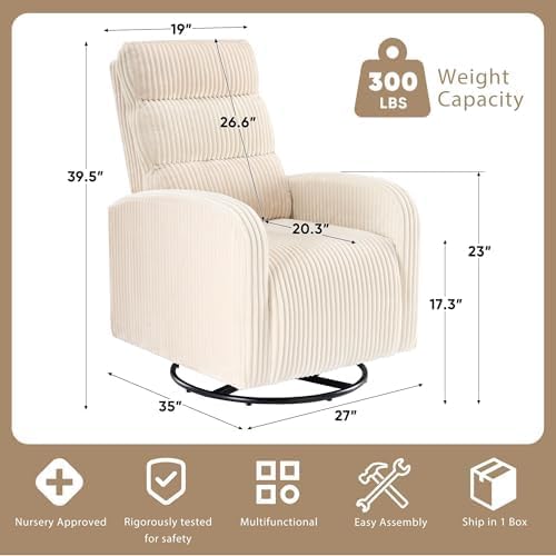 Swivel Rocker Chair, 360°Swivel Rocker Chairs with High Back Arms, Rocking Lazy Boy Chairs, Upholstered Swivels Corduroy Glider for Living Room, Bedroom, Nursing, Beige