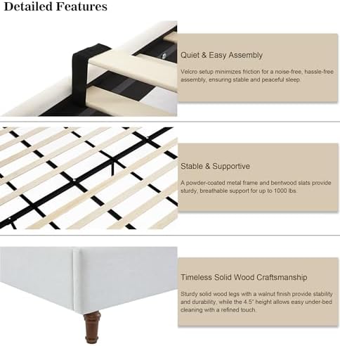 Upholstered Platform Wingback Bed Frame with 54" High Headboard, Solid W...