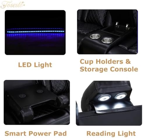 Living Room Furniture Sets, Power Reclining Sofa Set, Black Leather 2 Recliner Sectional with LED Light, Modern Power Recliner Sofa Sets with Cup Holder/Storage Console for Living Room