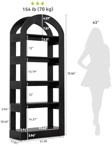 LITTLE TREE 5-Tier Bookshelf, Arch-Shaped Racks, Tall Standing Wooden Bookcas...