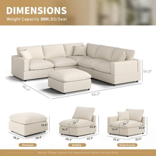Modern Sectional Linen Couch for Living Room V Shape Sofas,5 Seat with Ottoma...
