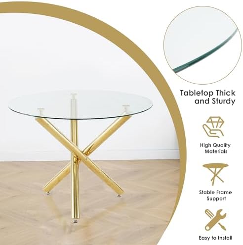 Modern Gold Round Glass Dining Table Set for 4, 36'' Luxury Minimalis...