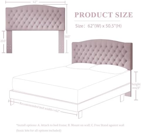 Furpopup Velvet Queen Size Headboard Only, Upholstered Wall Mount, Pink
