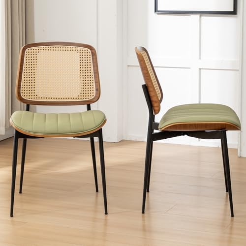 Rattan Dining Room Chairs Set of 4,Mid Century Modern Green PU Leather Kitche...