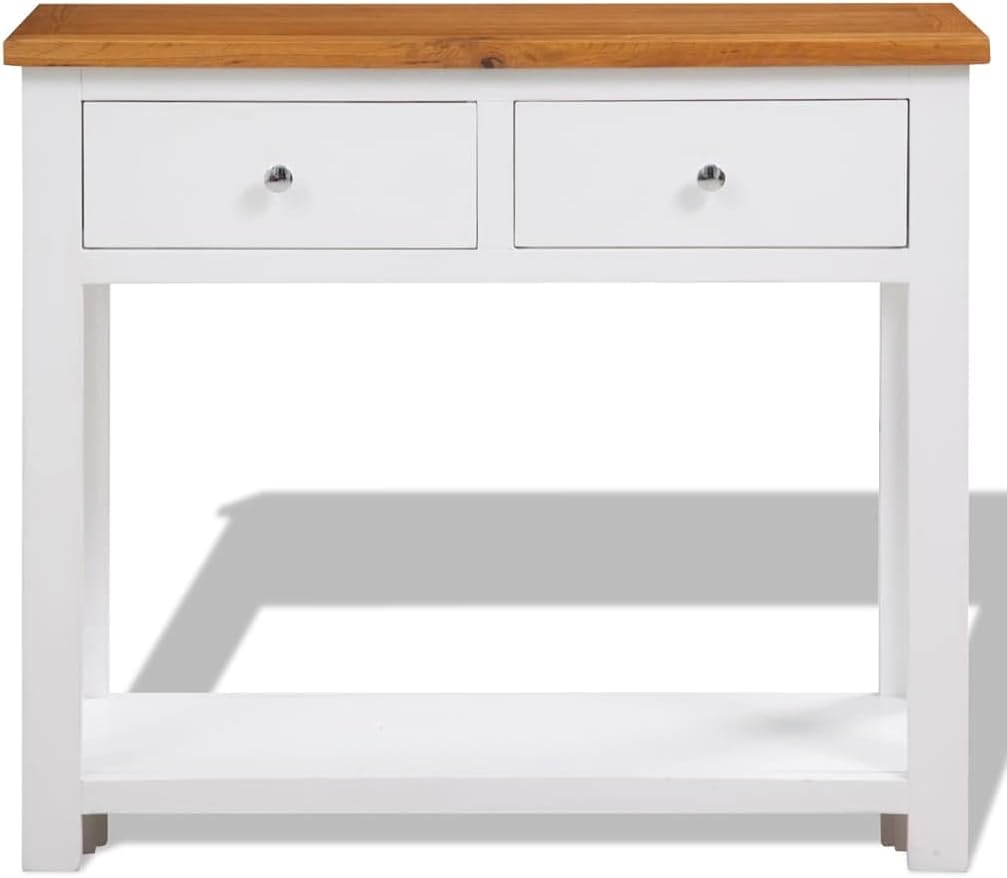 Solid Oak Wood Console Table with Drawers, 32.7"x11.8"x28.7", Rustic Small Entryway Table for Living Room, Hallway, with Shelf and Metal Knobs