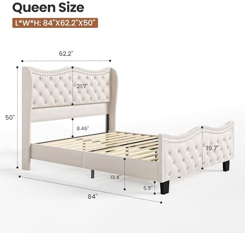 Queen Upholstered Bed Frame, 50-Inch Wingback Headboard, Cream White