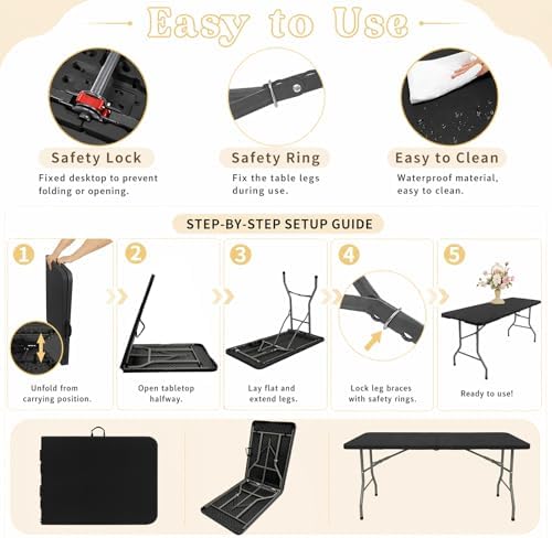 Set of 2 Folding Table 6 FT Lightweight Camping Table Black Portable Plastic ...