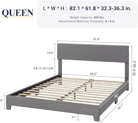 Allewie Queen Size Upholstered Bed Frame Adjustable Headboard, Light Grey