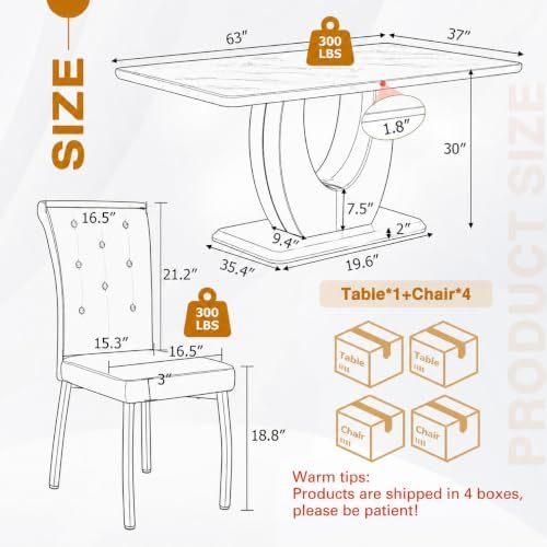 5 Piece Faux Marble Dining Table Set for 4, 63" Rectangular Kitchen Tabl...