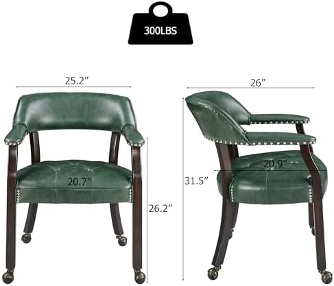 Set of 6 Dining Leather ArmChairs with Casters,Green PU, 360° Move | Accent K...