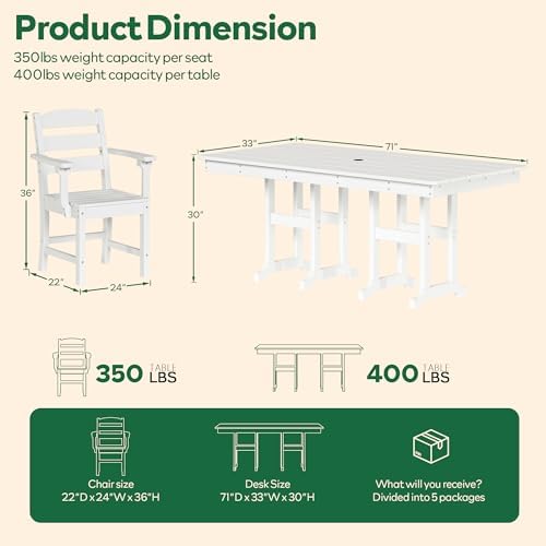 HOPUBUY 7 Pieces Patio Dining Set for 6, 71" HDPE All-Weather Patio Tabl...