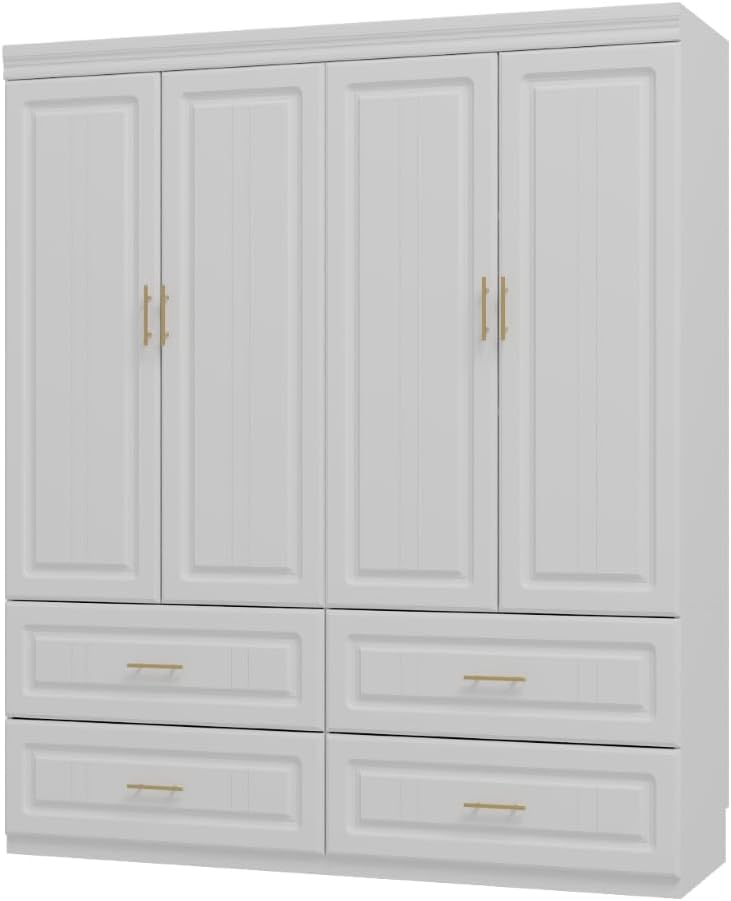 74.2" Tall Closet Storage Cabinet for Bedroom, Almirah for Clothes,White Standing Wardrobe Storage Closet Cabinet with 4 Doors and Shelves, Armoire Wardrobe with 4 Drawers and Hanging Rod