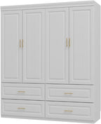 74.2" Tall Closet Storage Cabinet for Bedroom, Almirah for Clothes,White Standing Wardrobe Storage Closet Cabinet with 4 Doors and Shelves, Armoire Wardrobe with 4 Drawers and Hanging Rod