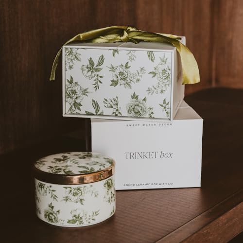 Sweet Water Decor Green Delft Round Trinket Box, Jewelry Storage for Bathroom Counter or Nightstand, Ring Holder for Bridal Shower, Wedding, or Home, Elegant Jewelry Holder & Organizer for Women