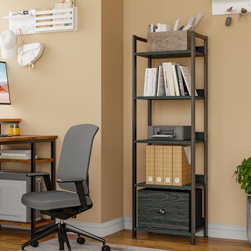 Furologee 5 Tier Bookshelf with Drawer, Tall Narrow Bookcase, Black Oak