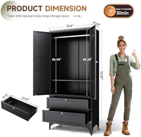 Letaya Metal Armoire Wardrobe Closet with Drawers,Clothing Storage Cabinet wi...