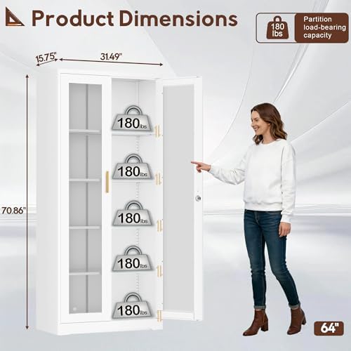 UNICOLY Lockable Display Cabinet with Glass Doors and 4 Adjustable Shelves