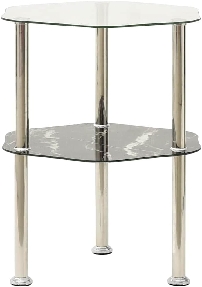 2-Tier Side Table Transparent Black 15x15x19.7 Inch Tempered Glass | Stainles...