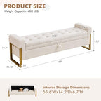 67" Storage Bench for Bedroom, King Size End of Bed Bench, Teddy Upholstered Storage Ottoman Bench with Golden Metal Legs, Bedroom Bench for Entryway, White