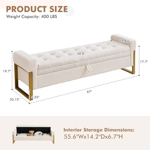 67" Storage Bench for Bedroom, King Size End of Bed Bench, Teddy Upholstered Storage Ottoman Bench with Golden Metal Legs, Bedroom Bench for Entryway, White