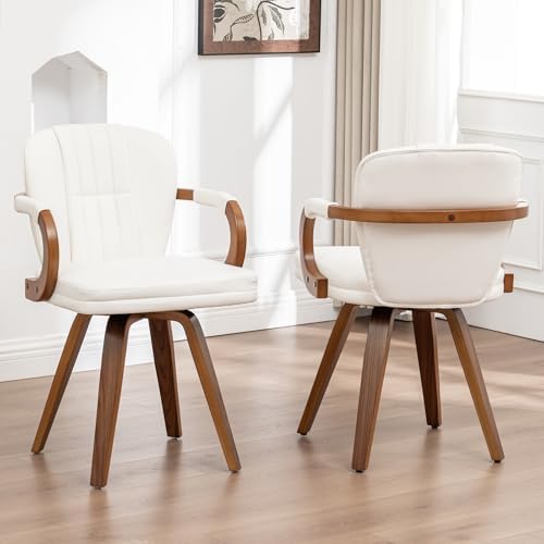 Swivel Dining Chairs Mid Century Modern White Faux Leather Upholstered Kitche...