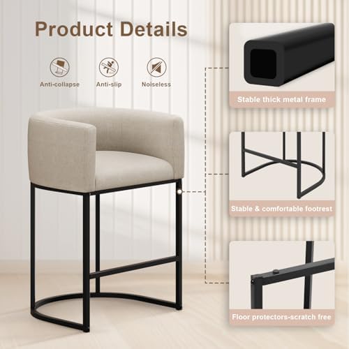 26" H Counter Height Bar Stools Set of 2, Modern Barrel Counter Stools w...