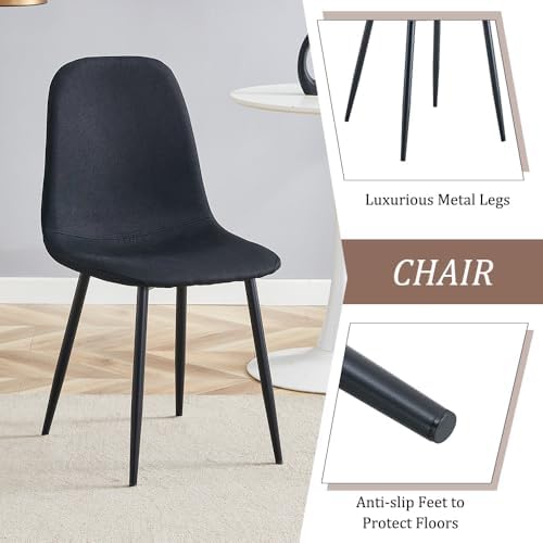 Round Dining Table Set for 4, 5 Piece Kitchen Table and Chairs Set with 42 Inch Wood Grain Tabletop, Black Upholstered Chairs, Metal Frame Dining Room Furniture for Apartment, Breakfast Nook