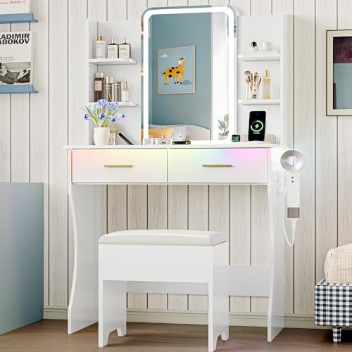 Vanity Desk with LED Lights Mirror & Power Outlet, Small Makeup Vanity Ta...